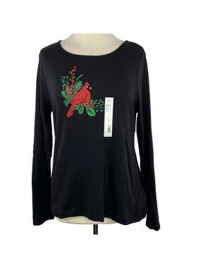 Croft & Barrow S Classic Tee Shirt Christmas Black Long Sleeve Glitter Cardinal